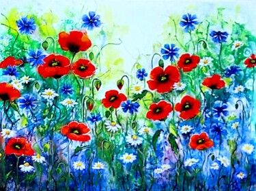 Pittura intitolato ""Summer meadow I "" da Elena Kraft, Opera d'arte originale, Acrilico
