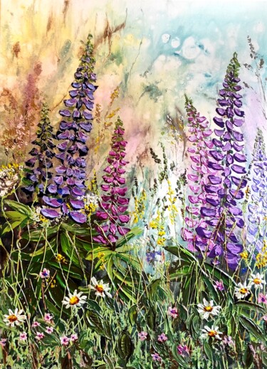 Painting titled ""LUPINS"" by Elena Kraft, Original Artwork, Acrylic Mounted on Wood Stretcher frame