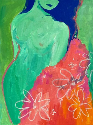Peinture intitulée "Green flower" par Elena Krapiva, Œuvre d'art originale, Acrylique