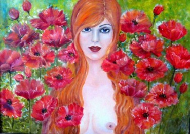 Картина под названием "рыжая в маках" - Елена Кропачева, Подлинное произведение искусства, Масло Установлен на Деревянная ра…