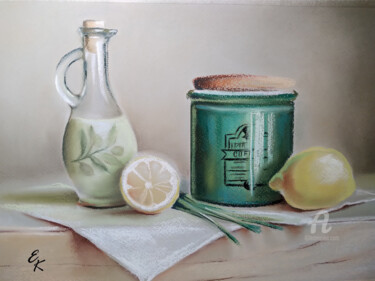 Painting titled "Still life with Tus…" by Elena Kurnosova, Original Artwork, Pastel