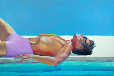 Painting titled "1969. LA PISCINE. A…" by Elena Kurochko, Original Artwork, Oil Mounted on Wood Stretcher frame