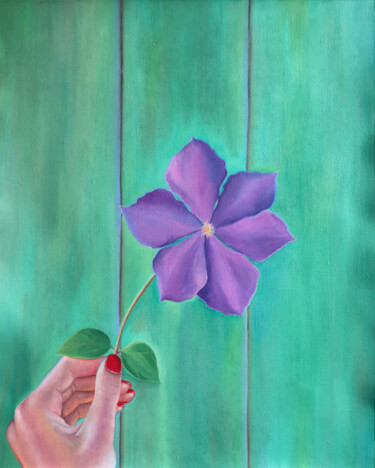 Painting titled "Clematis" by Elena Kurochko, Original Artwork, Oil