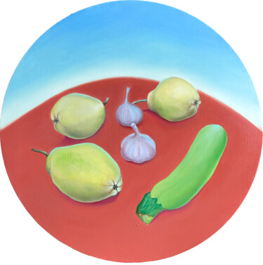 Painting titled "Pears family still…" by Elena Kurochko, Original Artwork, Oil Mounted on Wood Stretcher frame