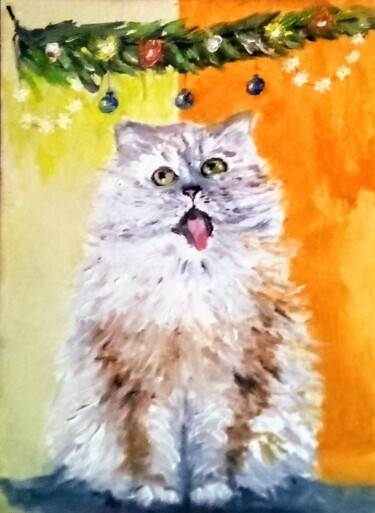 Painting titled "Oil Cat Cardboard N…" by Elena Lazarenko, Original Artwork, Oil
