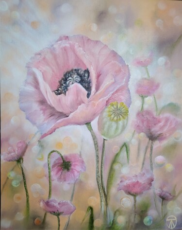 Картина под названием "Розовые маки на рас…" - Elena Liventsova (Tina Livens), Подлинное произведение искусства, Масло
