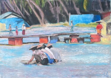 Peinture intitulée "Sur la plage de Tha…" par Elena Lorthiois, Œuvre d'art originale, Huile Monté sur Châssis en bois