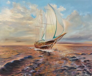 Ζωγραφική με τίτλο "Sunset boat" από Elena Mardashova, Αυθεντικά έργα τέχνης, Λάδι