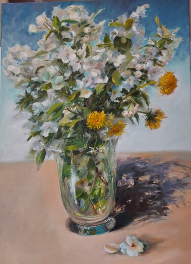 Schilderij getiteld "Spring dandelions" door Elena Mardashova, Origineel Kunstwerk, Olie