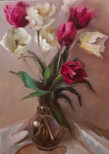 Painting titled "Tulips in vase" by Elena Mardashova, Original Artwork, Oil