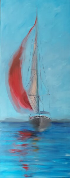 Schilderij getiteld "Red sailboat" door Elena Mardashova, Origineel Kunstwerk, Olie