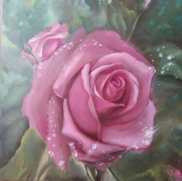 Painting titled "Rose in dew" by Elena Mardashova, Original Artwork, Oil
