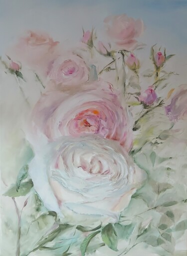 Painting titled "Pale roses" by Elena Mardashova, Original Artwork, Oil