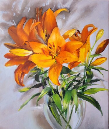 Painting titled "Lilies are here" by Elena Mardashova, Original Artwork, Oil