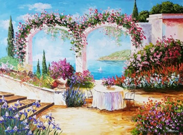 Картина под названием "Цветочная арка" - Елена Маркчева, Подлинное произведение искусства, Масло