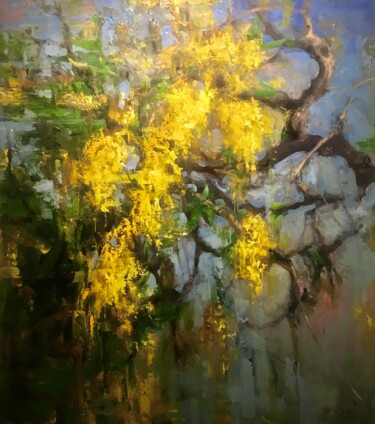 Painting titled "mimosas" by Elena Mashajeva-Agraphiotis, Original Artwork, Oil