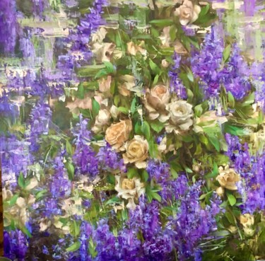 Painting titled "Roses and lavenders" by Elena Mashajeva-Agraphiotis, Original Artwork, Oil