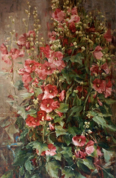 Pintura intitulada "Hollyhocks" por Elena Mashajeva-Agraphiotis, Obras de arte originais, Óleo