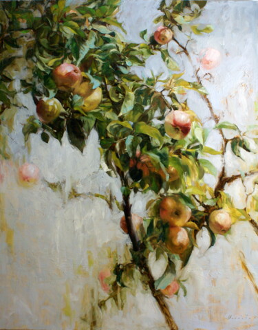 Painting titled "Young apple tree wi…" by Elena Mashajeva-Agraphiotis, Original Artwork, Oil