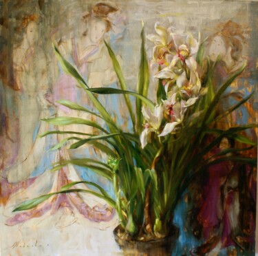 Painting titled "White Lilies" by Elena Mashajeva-Agraphiotis, Original Artwork, Oil