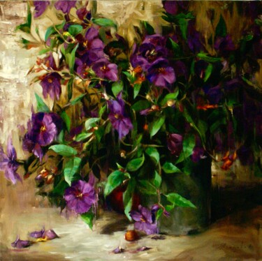 Картина под названием "Shrub with purple f…" - Elena Mashajeva-Agraphiotis, Подлинное произведение искусства, Масло