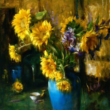 Painting titled "Sunflowers in a blu…" by Elena Mashajeva-Agraphiotis, Original Artwork, Oil