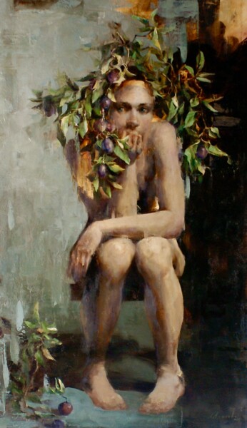 Painting titled "Girl and plums.  Fi…" by Elena Mashajeva-Agraphiotis, Original Artwork, Oil