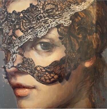 Painting titled "Girl and Mask. Fill…" by Elena Mashajeva-Agraphiotis, Original Artwork, Oil