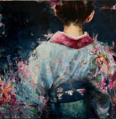 Pintura intitulada "GIRL IN BLUE KIMONO" por Elena Mashajeva-Agraphiotis, Obras de arte originais, Óleo