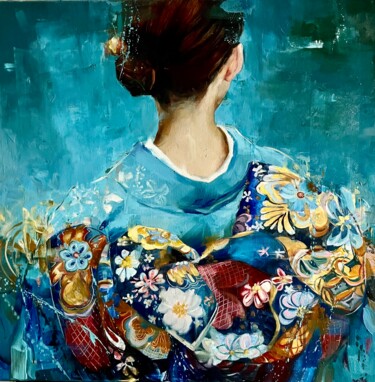 Painting titled "SPECIAL - GIRL IN K…" by Elena Mashajeva-Agraphiotis, Original Artwork, Oil Mounted on Wood Stretcher frame