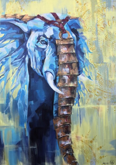 Painting titled "Elephant on yellow" by Elena Mi, Original Artwork, Acrylic Mounted on Wood Stretcher frame