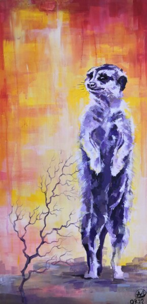Schilderij getiteld "Meerkat" door Elena Mi, Origineel Kunstwerk, Acryl Gemonteerd op Frame voor houten brancard