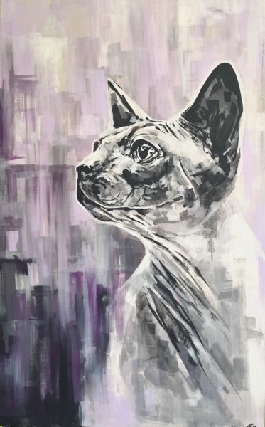 Painting titled "Pink cat" by Elena Mi, Original Artwork, Acrylic Mounted on Wood Stretcher frame