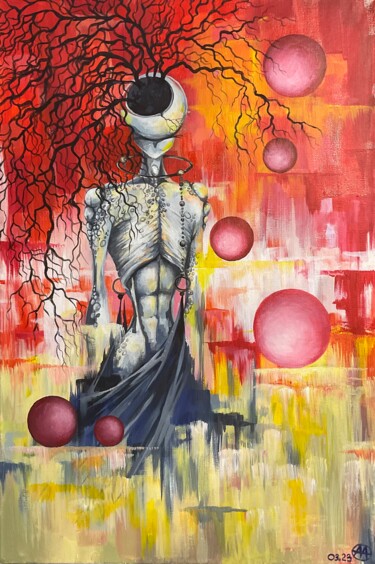 Painting titled "Alien in red" by Elena Mi, Original Artwork, Acrylic Mounted on Wood Stretcher frame