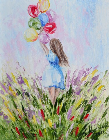 Painting titled "Girl with balloons…" by Elena Miftakhova, Original Artwork, Oil