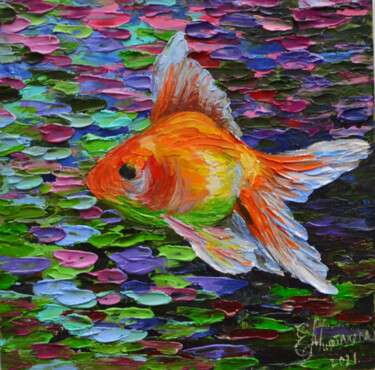 Pittura intitolato "Gold Fish Painting…" da Elena Miftakhova, Opera d'arte originale, Olio