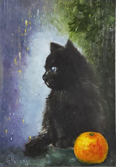 Pintura intitulada "Black Cat Painting…" por Elena Miftakhova, Obras de arte originais, Óleo