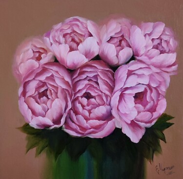 Painting titled "Pink Peonies Bouque…" by Elena Miftakhova, Original Artwork, Oil