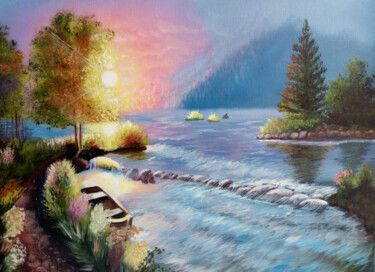 Painting titled "Sunrise at the lake" by Elena Mironova, Original Artwork, Oil
