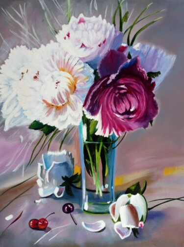 Painting titled "Peonies in a vase" by Elena Mironova, Original Artwork, Oil