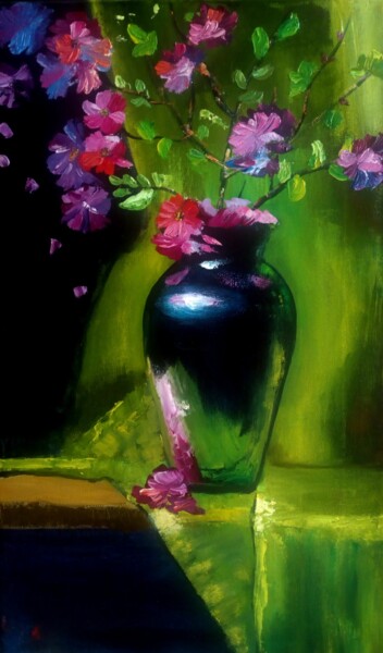 Peinture intitulée "Sakura in a vase" par Elena Mironova, Œuvre d'art originale, Huile Monté sur Châssis en bois