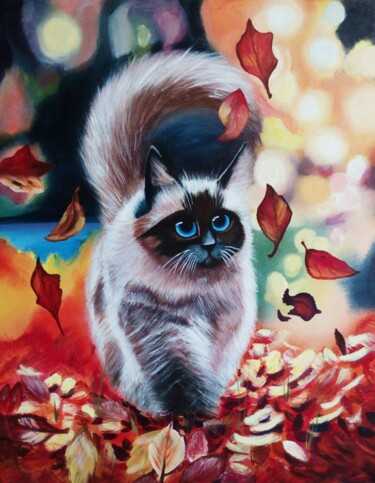 Painting titled "Cat in autumn" by Elena Mironova, Original Artwork, Oil Mounted on Wood Stretcher frame