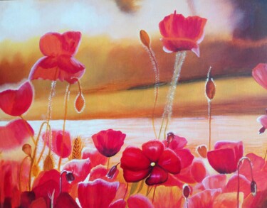 Painting titled "Poppy field" by Elena Mironova, Original Artwork, Oil Mounted on Wood Stretcher frame
