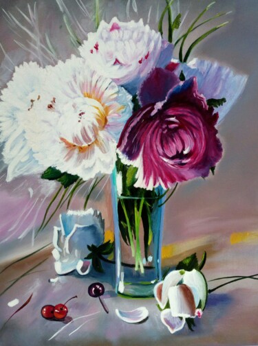Painting titled "peonies" by Elena Mironova, Original Artwork, Oil Mounted on Wood Stretcher frame