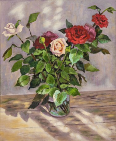 Painting titled "Дачные розы" by Elena Moiseenko Belarus, Original Artwork, Oil