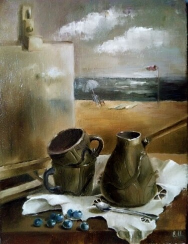 Painting titled "break for coffee" by Elena Moiseenko, Original Artwork, Oil