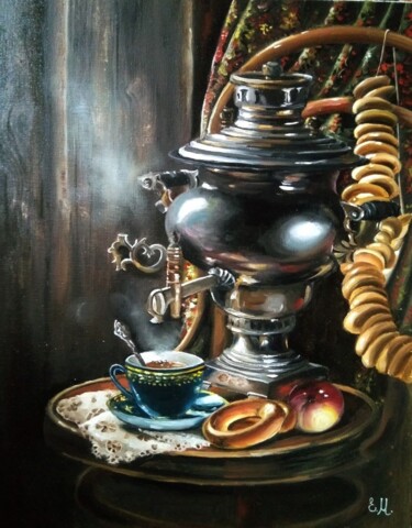 Картина под названием "У самовара" - Елена Моисеенко, Подлинное произведение искусства, Масло
