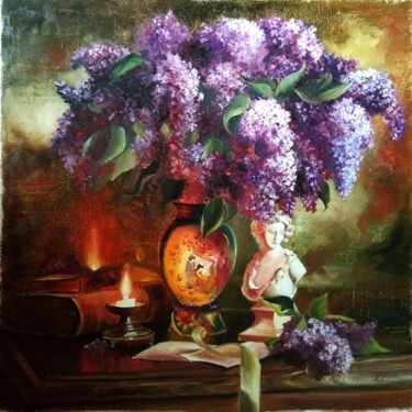 Painting titled "Натюрморт с сиренью…" by Elena Moiseenko, Original Artwork, Oil