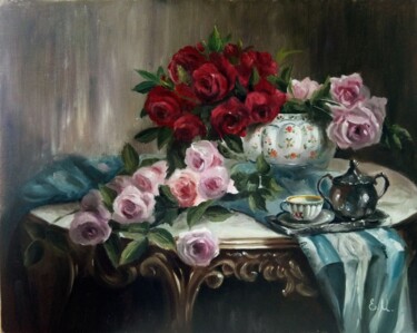 Картина под названием "Натюрморт с розами" - Елена Моисеенко, Подлинное произведение искусства, Масло