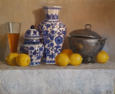 Painting titled "Натюрморт с лимонами" by Elena Nikolaeva, Original Artwork, Oil